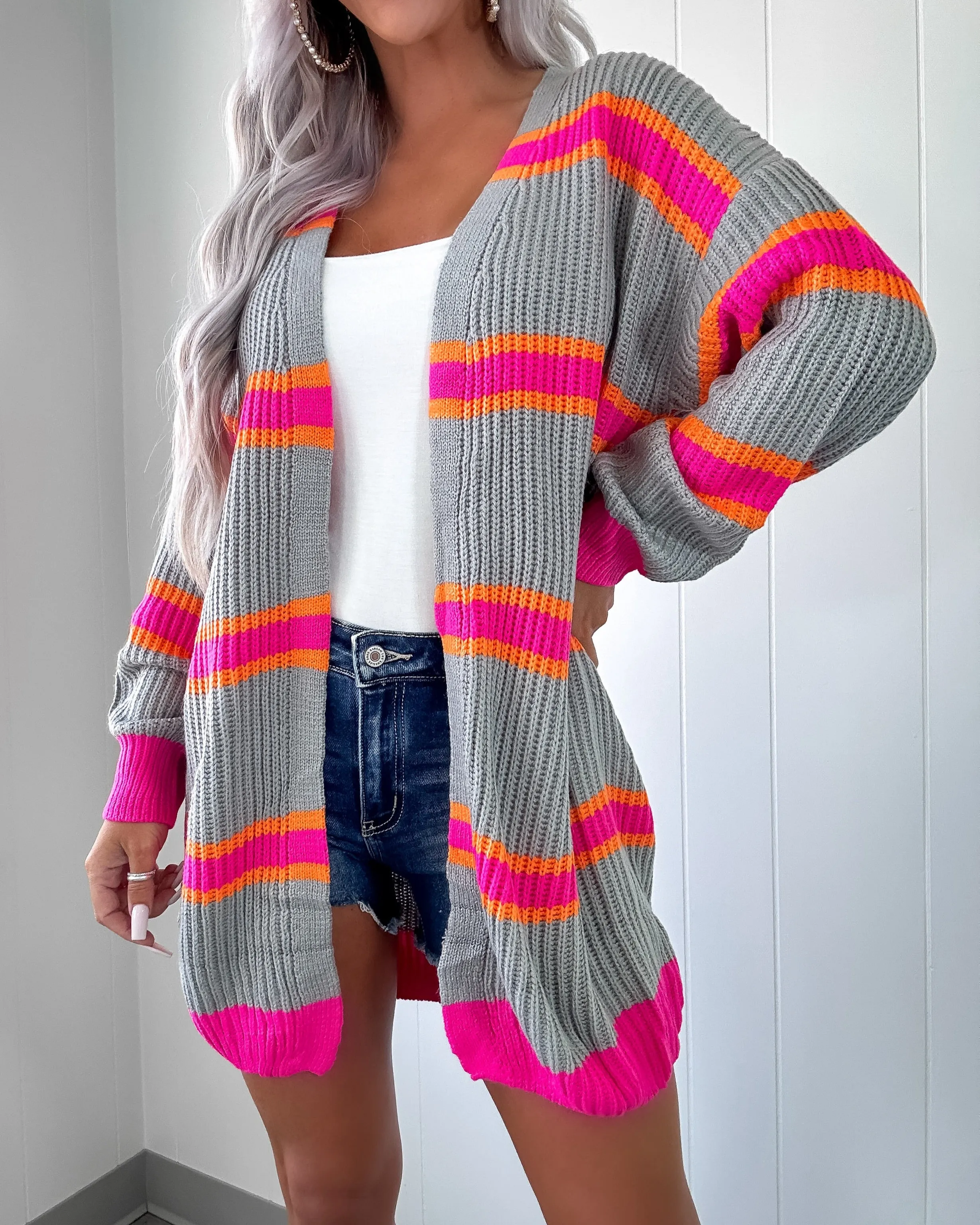 Free To Be Stripe Knitted Cardigan - Grey