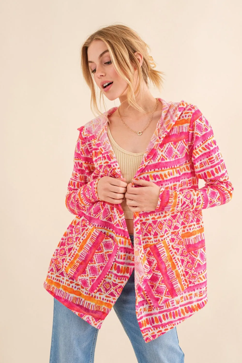 Full Size Printed Thermal Hooded Open Front Cardigan