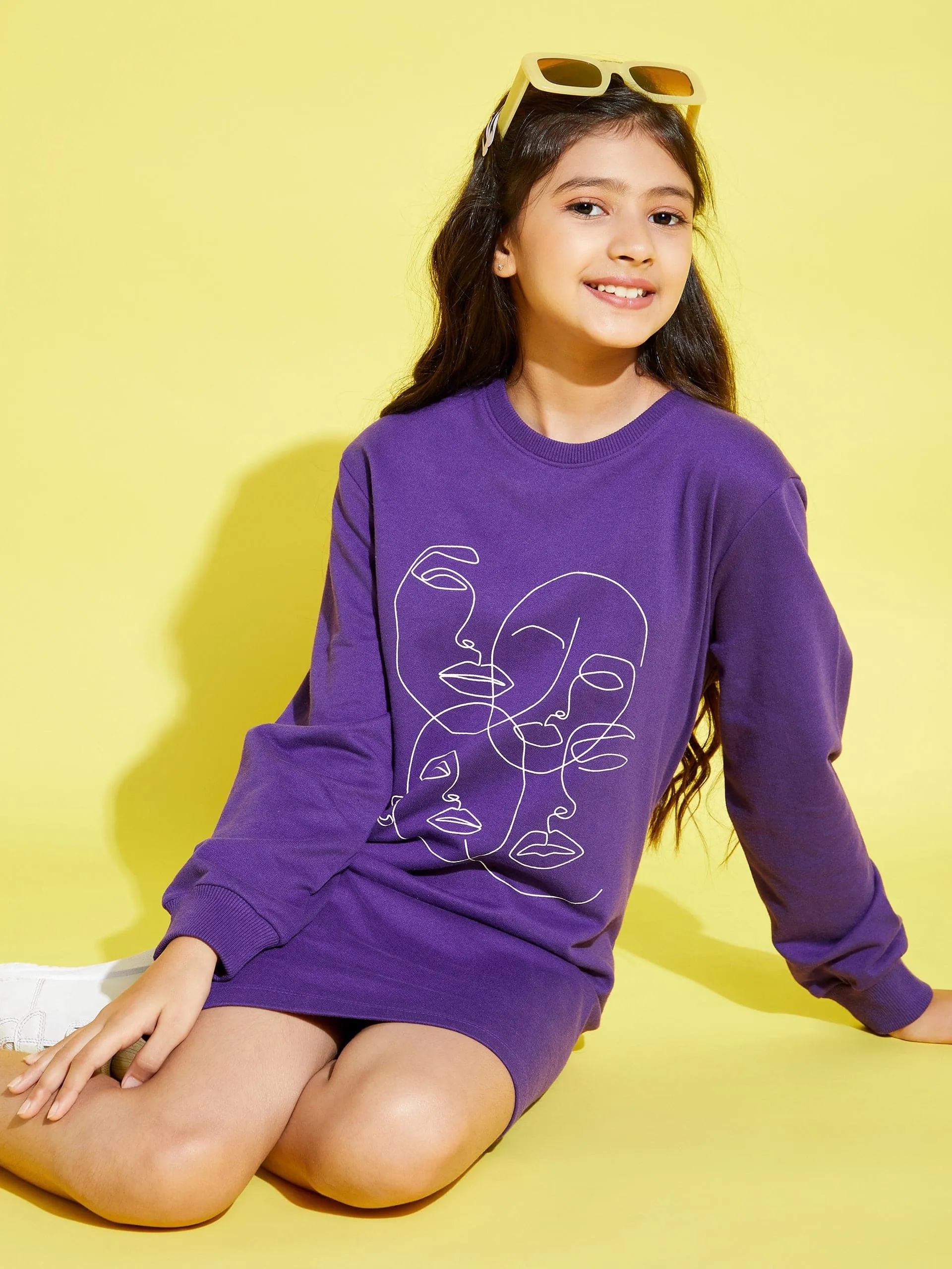 Girls Purple Face Print Terry Sweat Dress - Lyush Kids