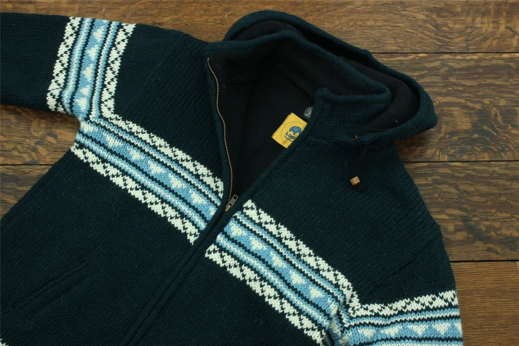 Hand Knitted Wool Hooded Jacket Cardigan - Fairisle Navy