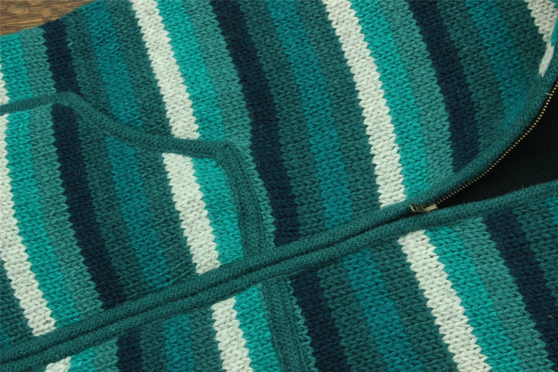 Hand Knitted Wool Hooded Jacket Cardigan - Stripe Teal