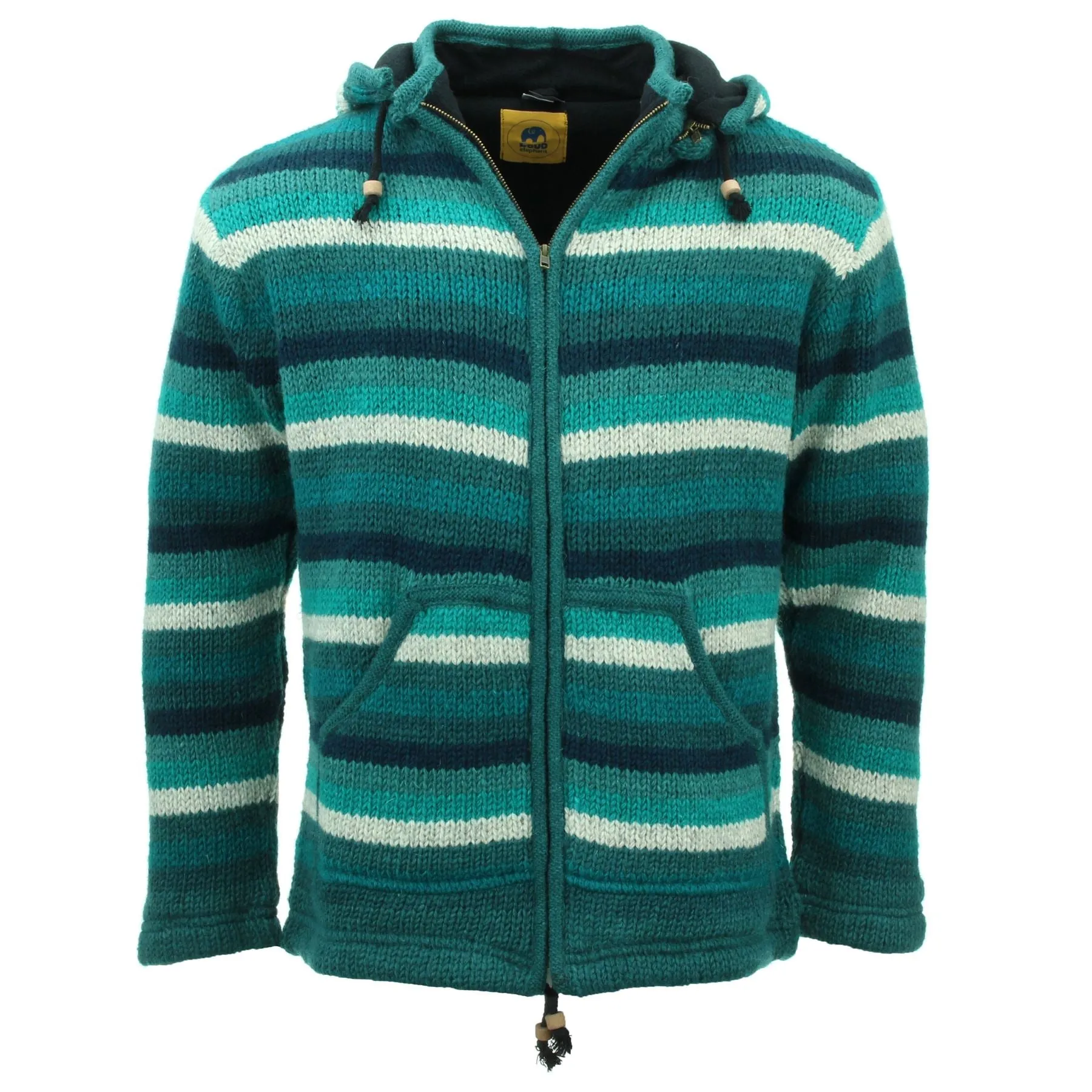 Hand Knitted Wool Hooded Jacket Cardigan - Stripe Teal