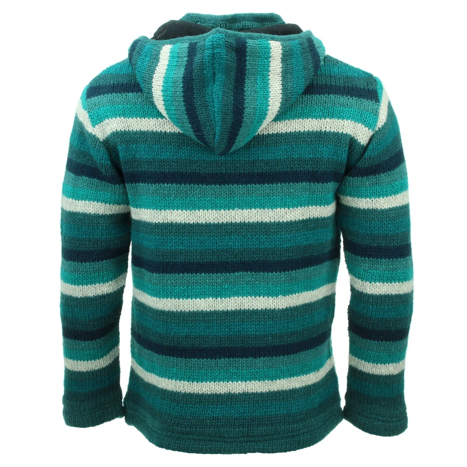 Hand Knitted Wool Hooded Jacket Cardigan - Stripe Teal