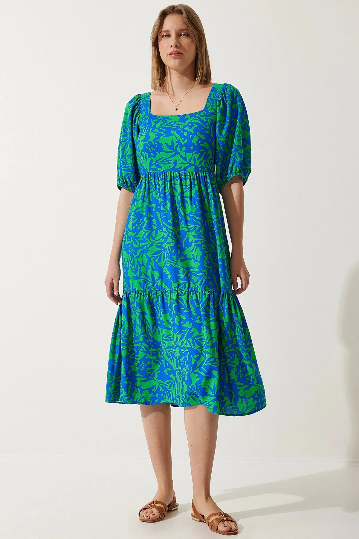 Happiness Istanbul Women's Blue Green Square Collar Balloon Sleeve Viscose Dress