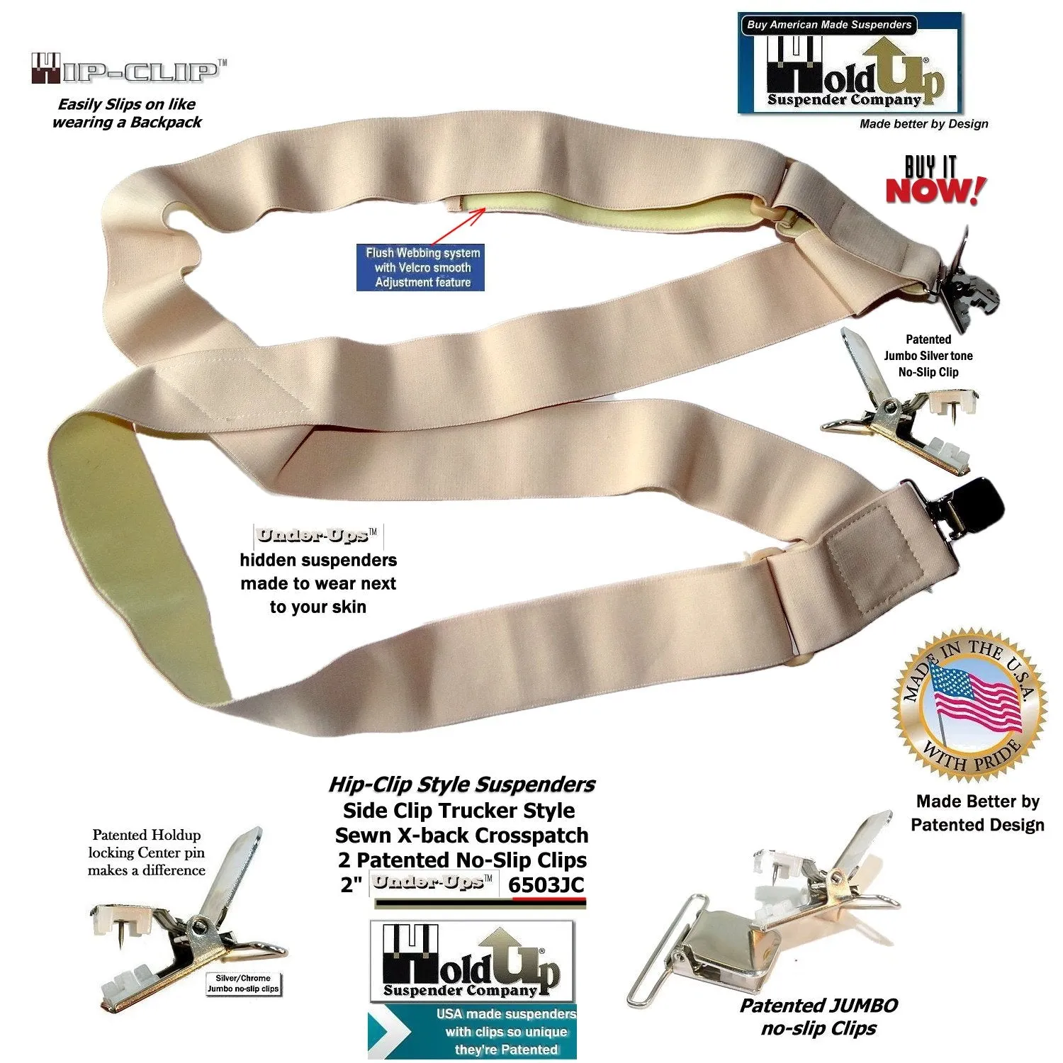 Hip-clip style  2" Wide Holdup Undergarment  hidden Suspenders with Patented No-slip Metal Clips