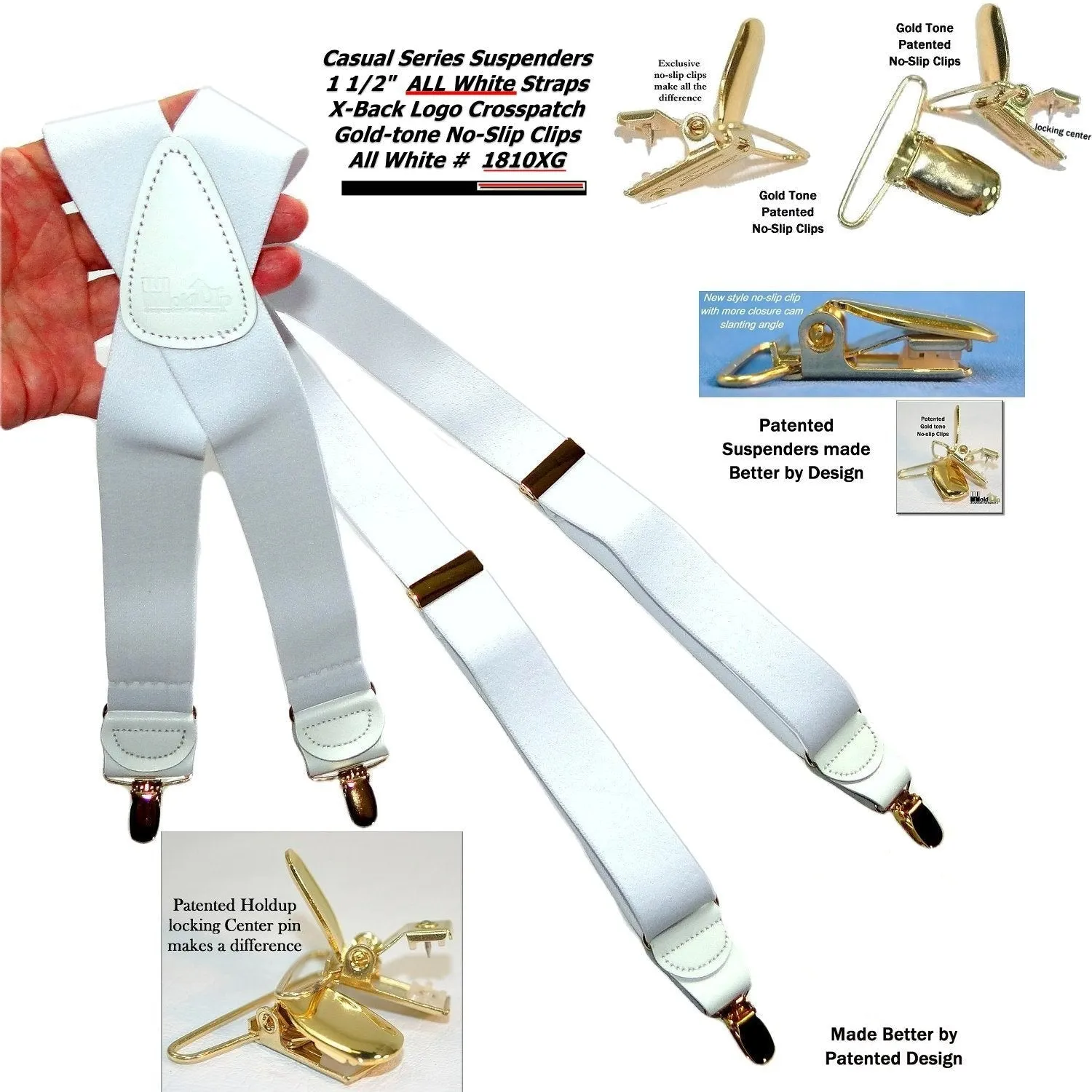 Holdup All White American made Casual Series X-back Suspenders with USA Patented No-slip Gold-tone clips