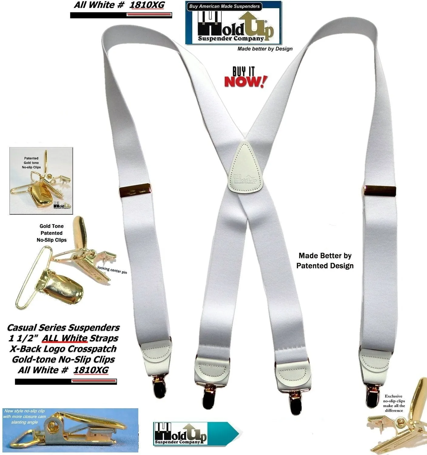 Holdup All White American made Casual Series X-back Suspenders with USA Patented No-slip Gold-tone clips