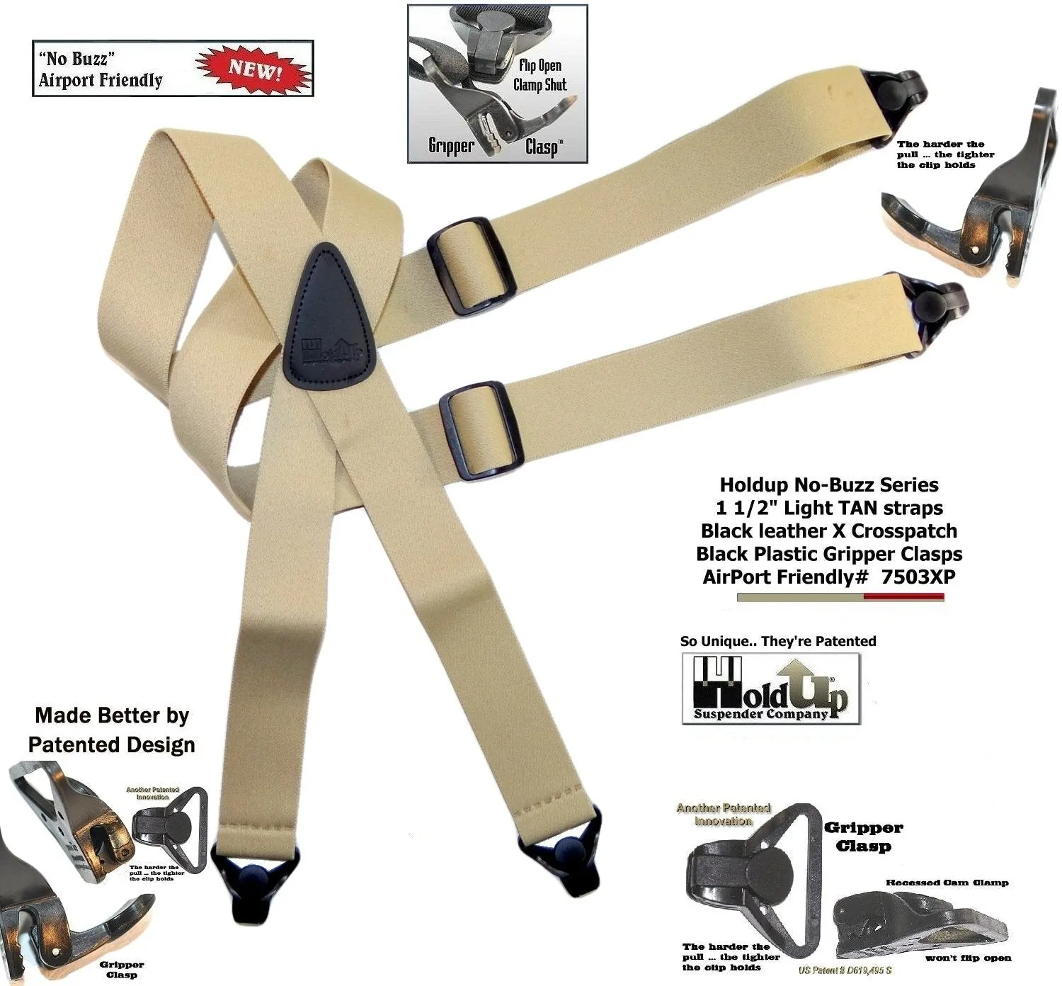 HoldUp Brand No-buzz Airport Friendly TAN Suspenders in X-Back style and USA Patented Gripper Clasps