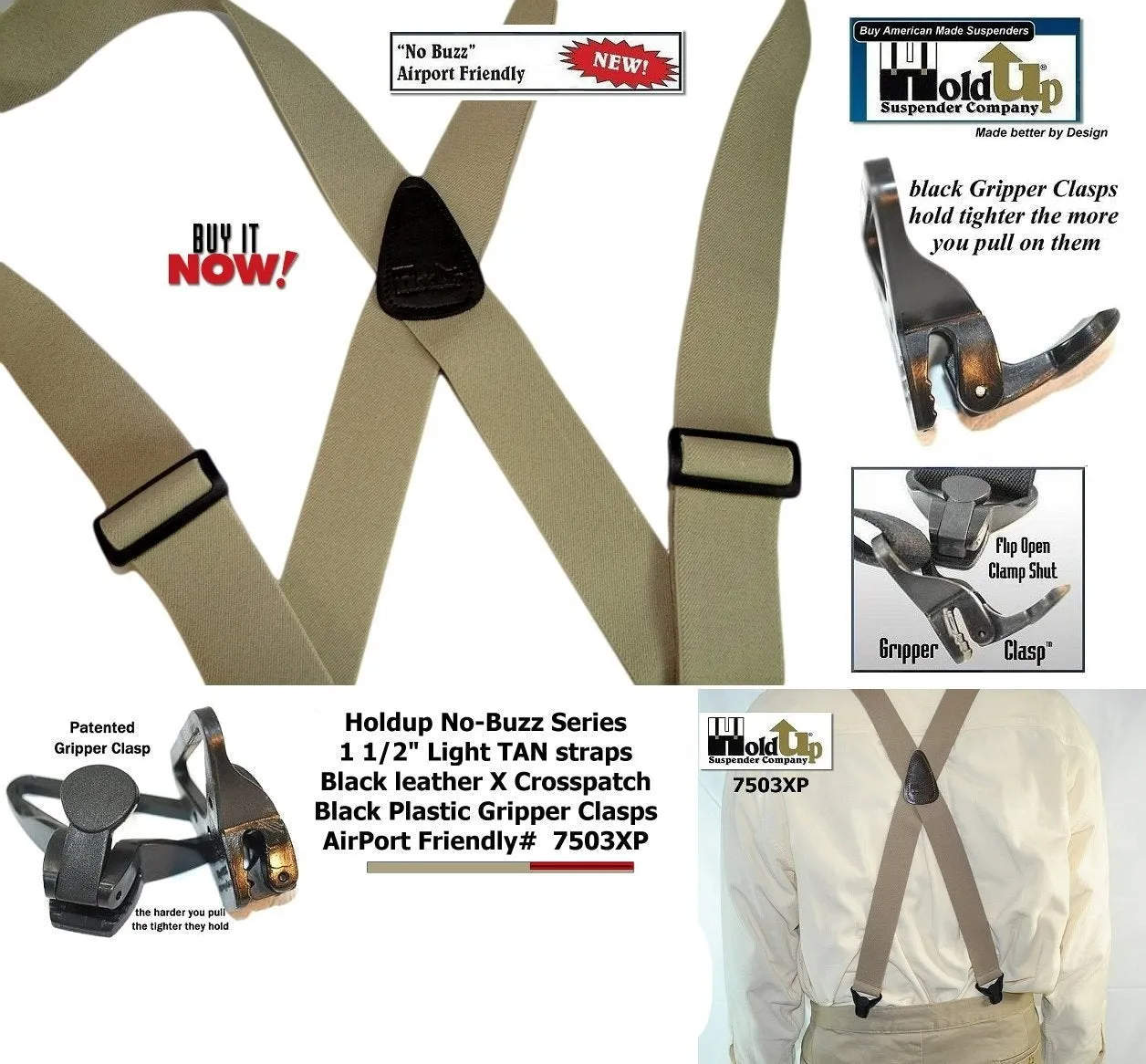 HoldUp Brand No-buzz Airport Friendly TAN Suspenders in X-Back style and USA Patented Gripper Clasps