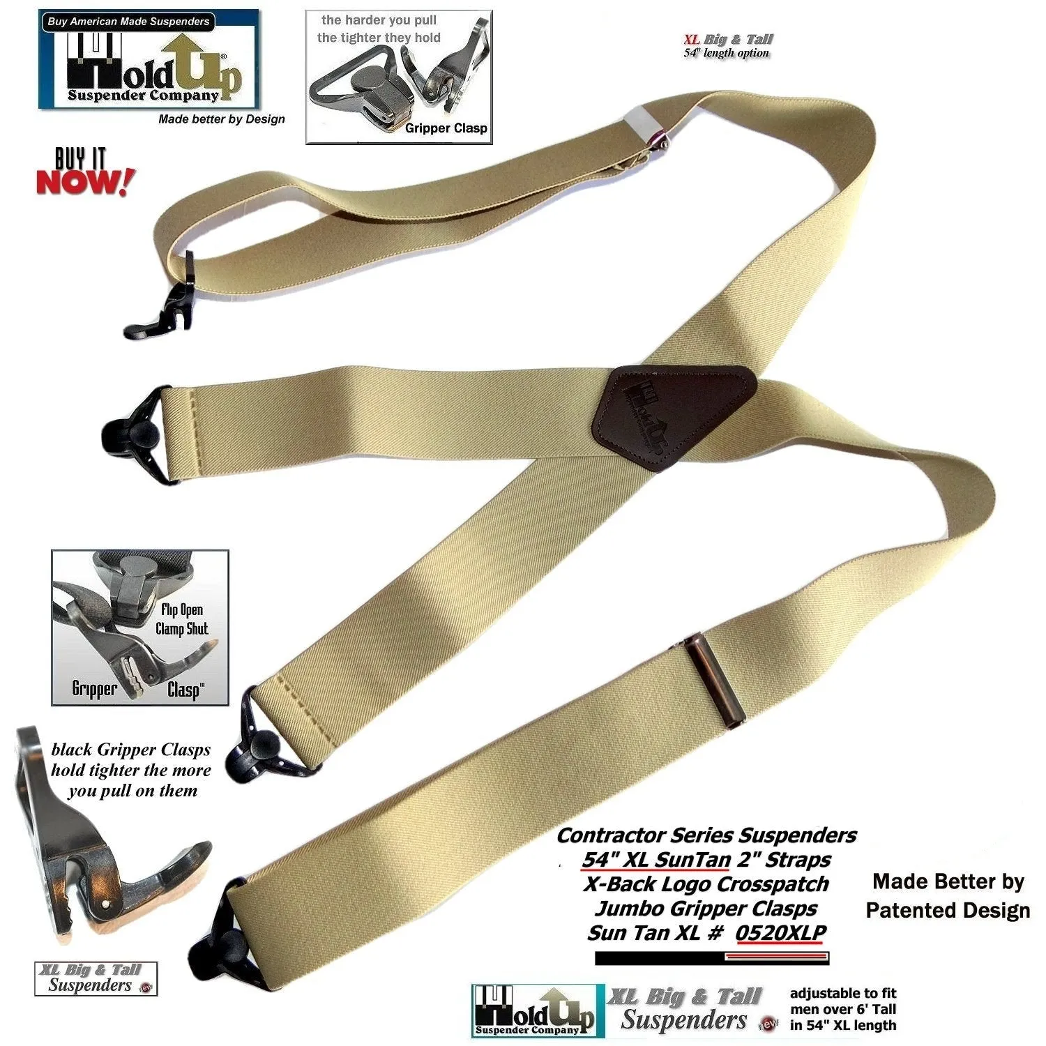 Holdup Suspender Company's Extra Long XL Light Tan Suspenders are 2 inches wide with USA Patented black Jumbo Gripper Clasps