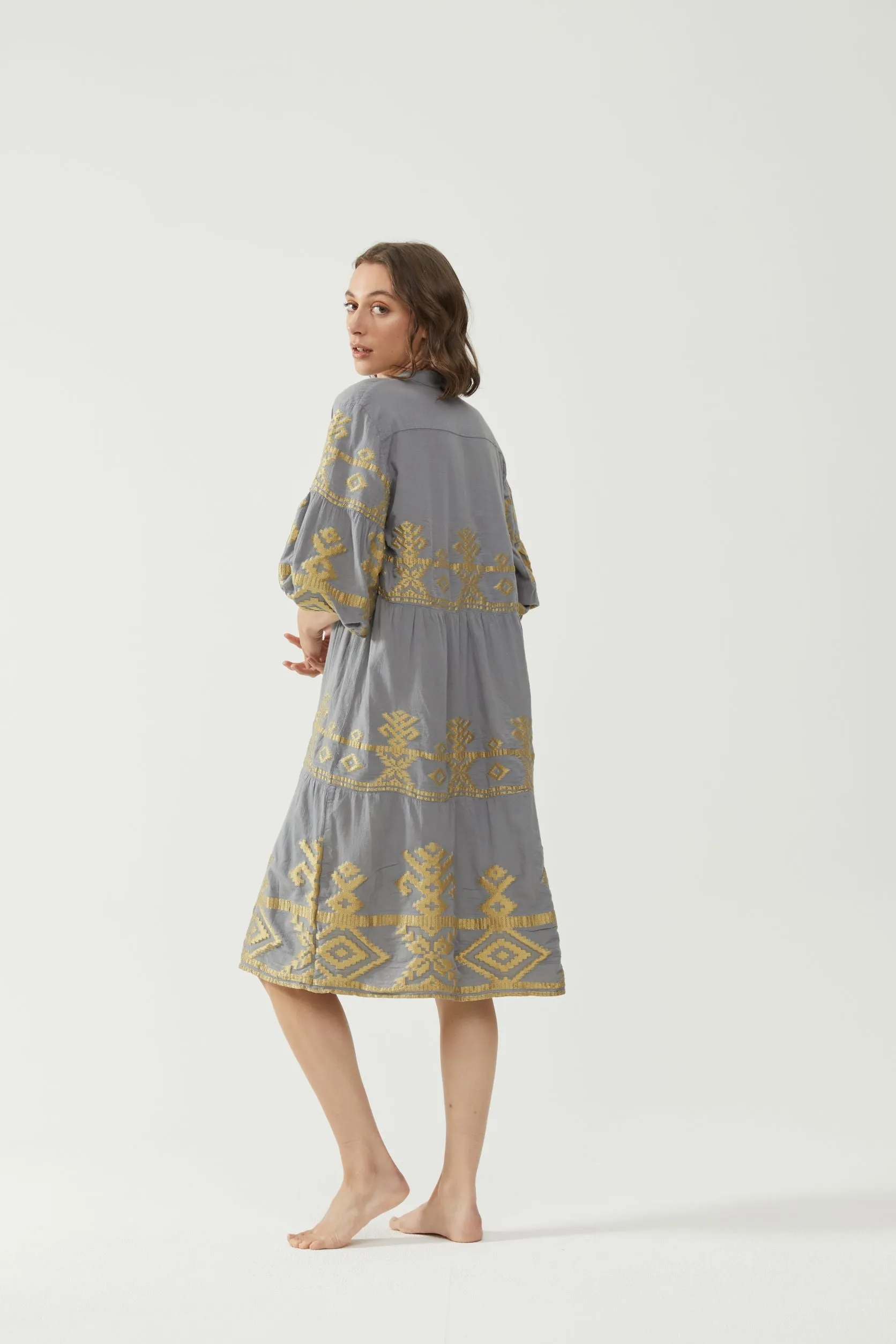 Kiitos Long Carmen Dress - Grey/Gold