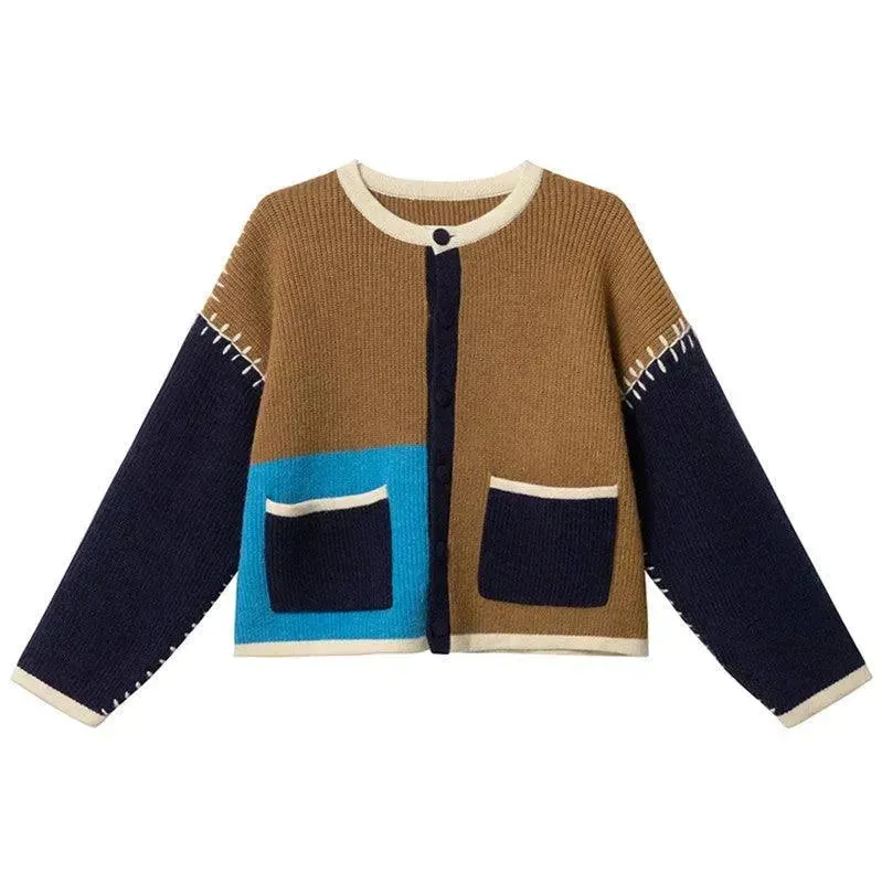 Korean Hand-Knitted Contrast Color Women's Cardigan