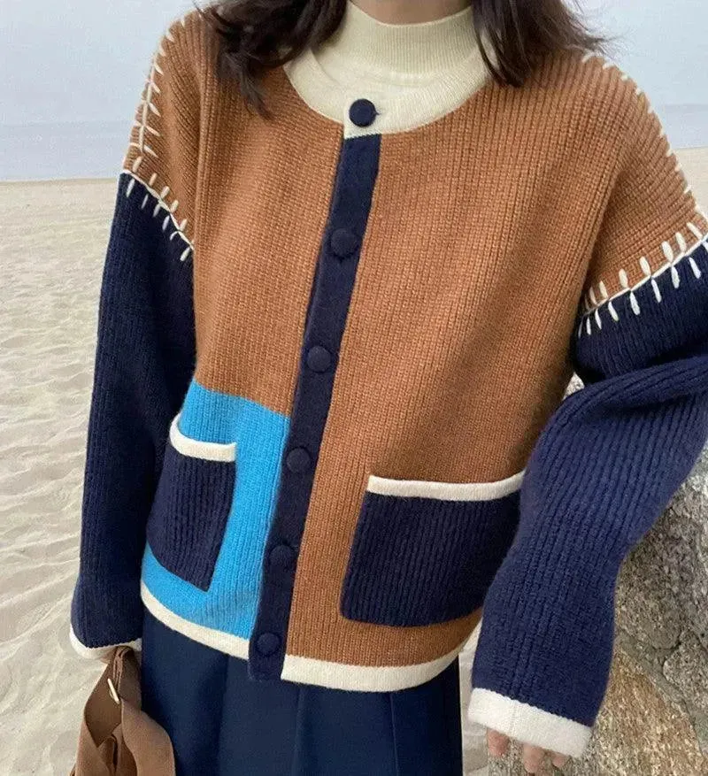 Korean Hand-Knitted Contrast Color Women's Cardigan