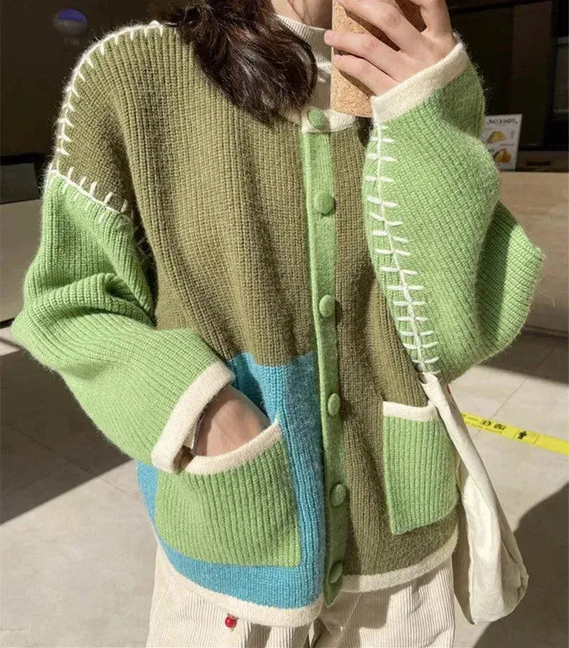 Korean Hand-Knitted Contrast Color Women's Cardigan