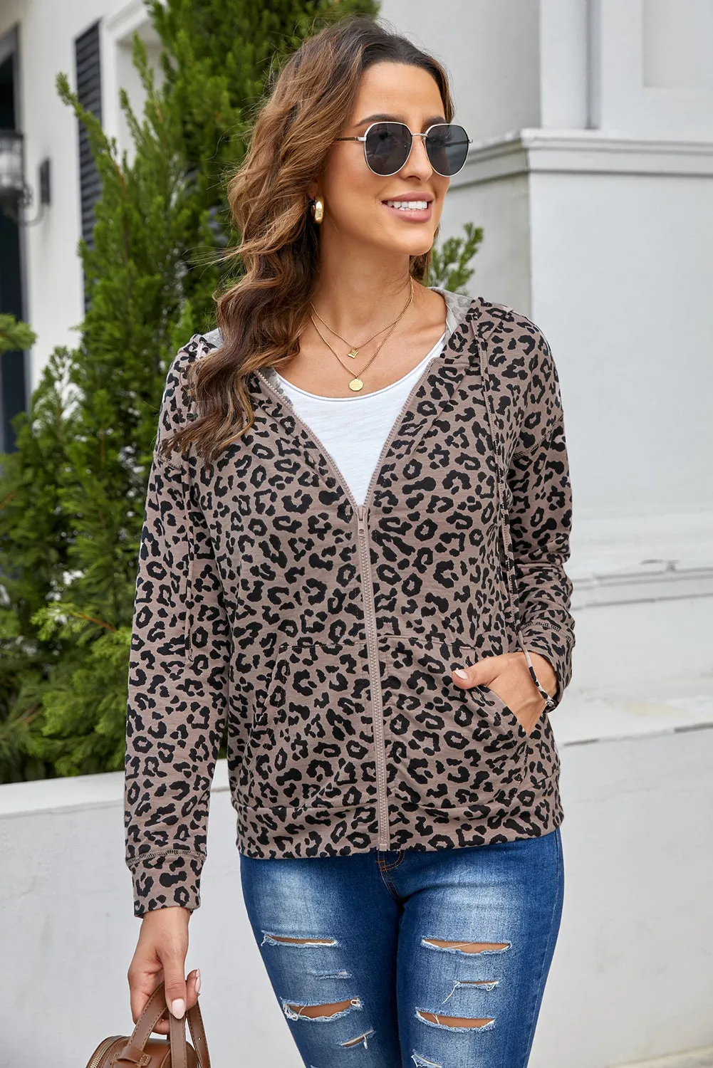 Leopard Print Zipper Hooded Coat With Pocket