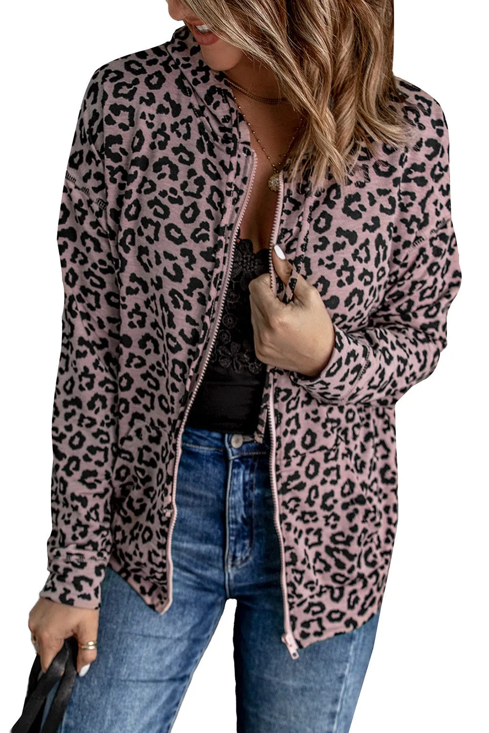 Leopard Print Zipper Hooded Coat With Pocket