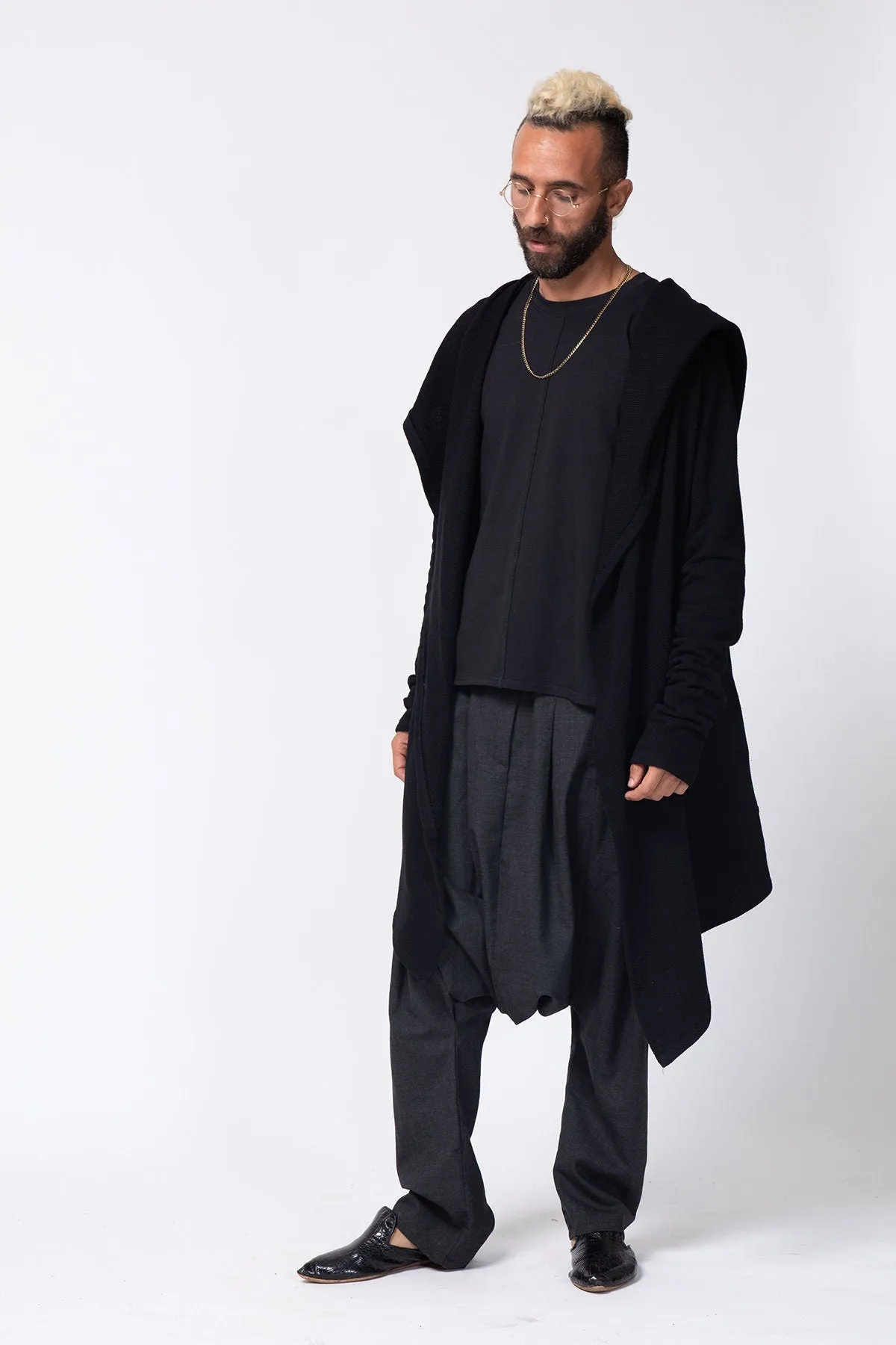 Long Black Hooded Cardigan for Men