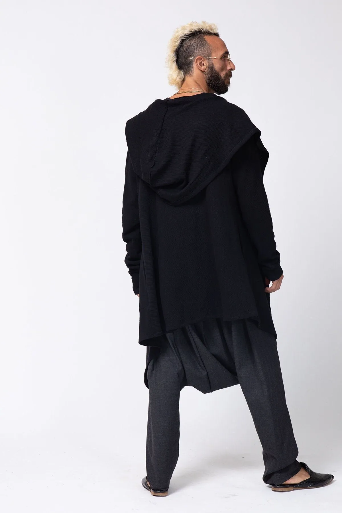 Long Black Hooded Cardigan for Men