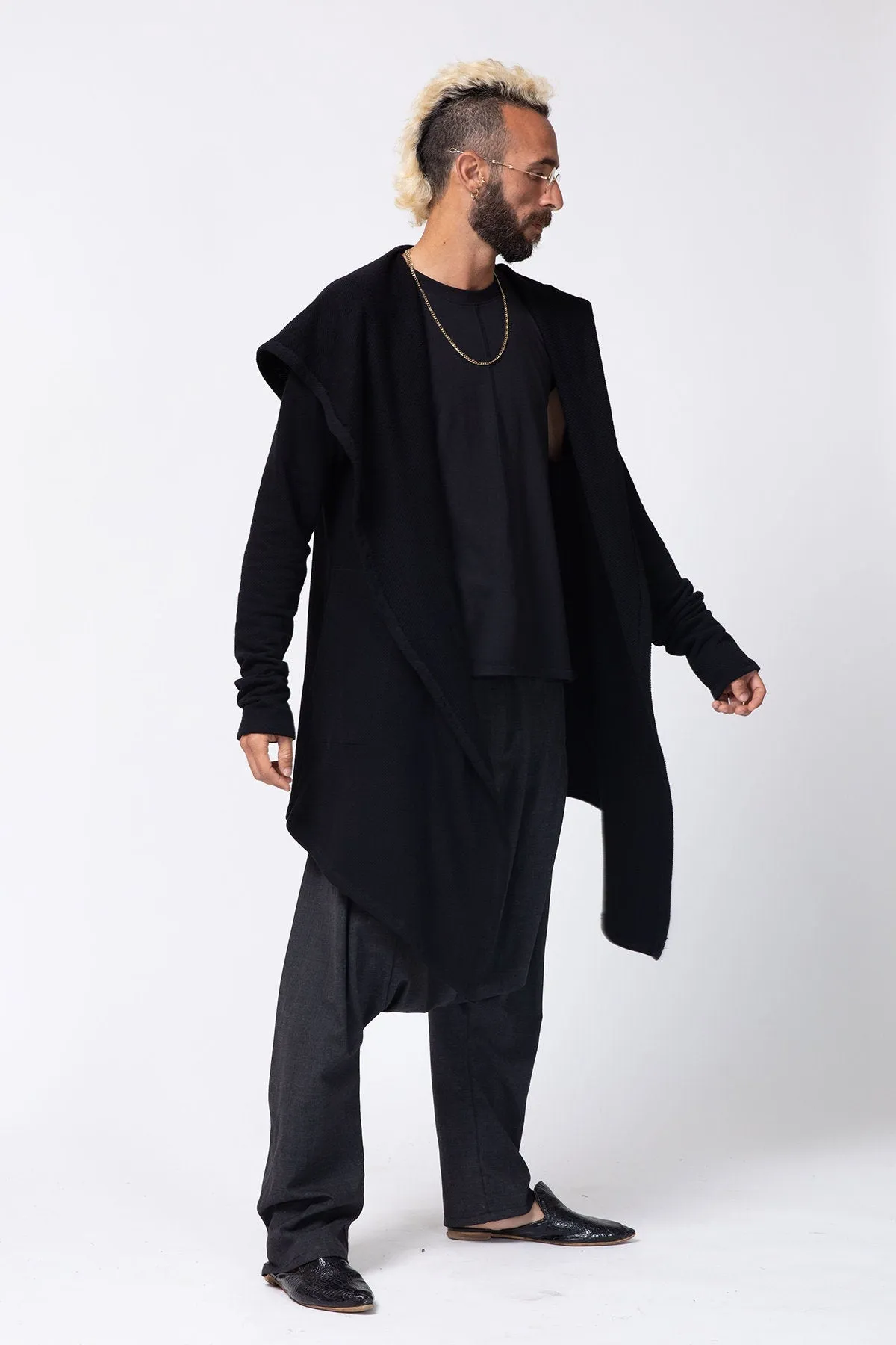 Long Black Hooded Cardigan for Men