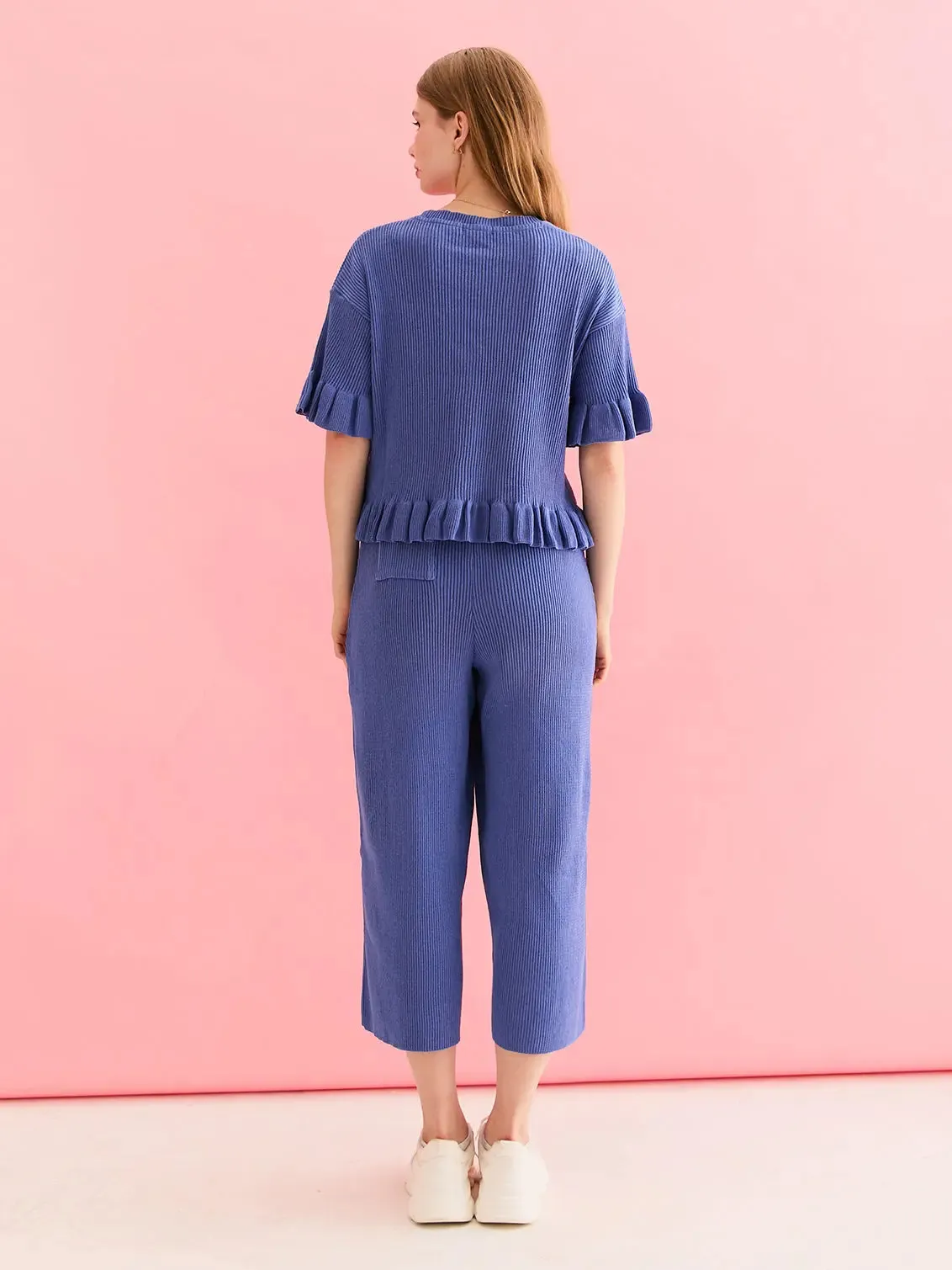 Martha Wide Leg Knitted Trousers - Cornflower Blue