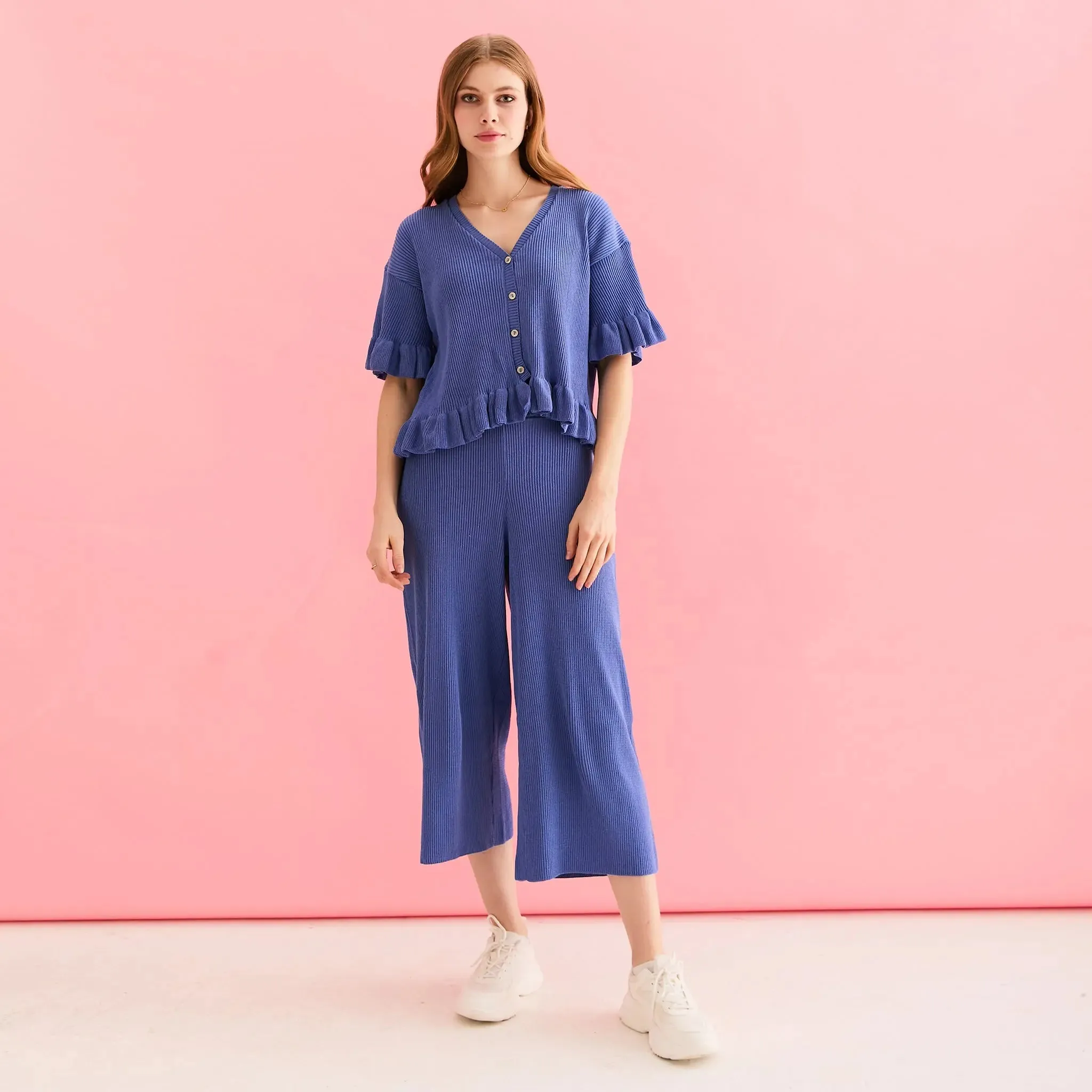 Martha Wide Leg Knitted Trousers - Cornflower Blue