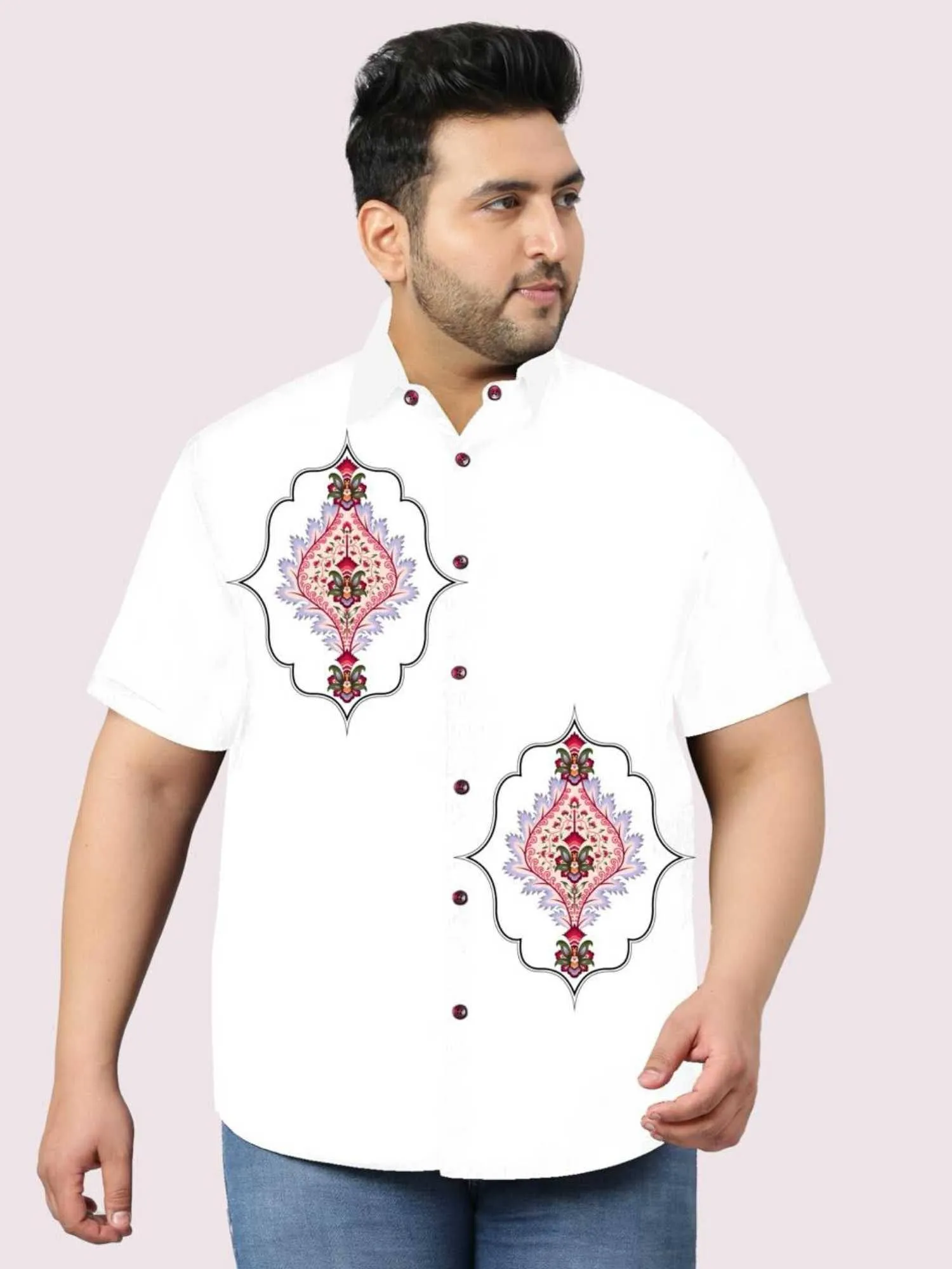 Motif Design Printed White Half Shirt Men's Plus Size