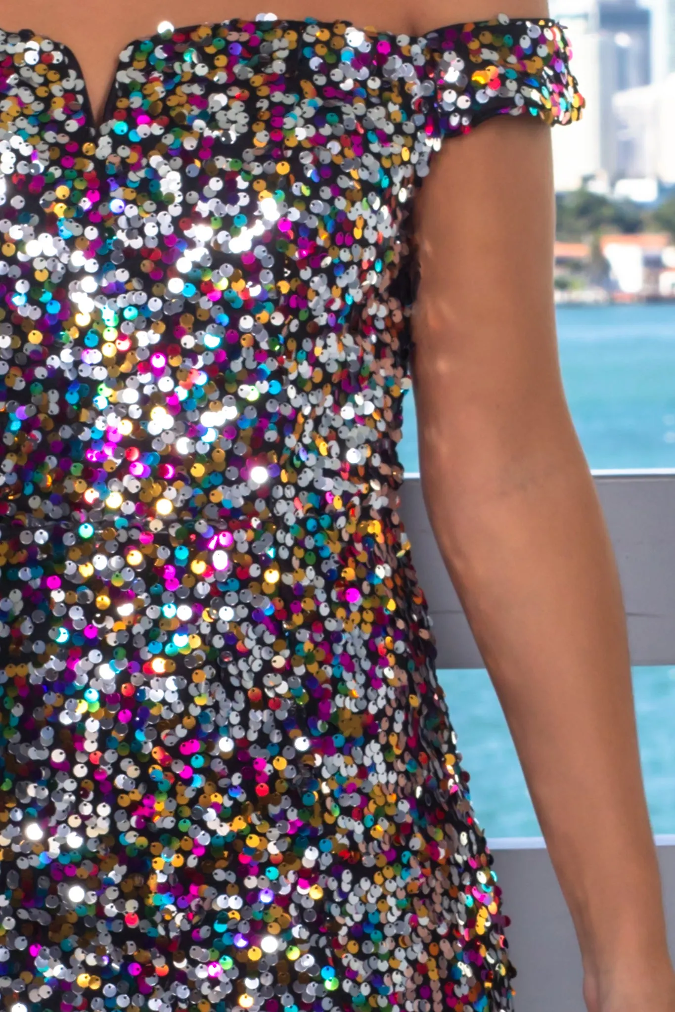 Multi Colored Off Shoulder Sequin Maxi Dress