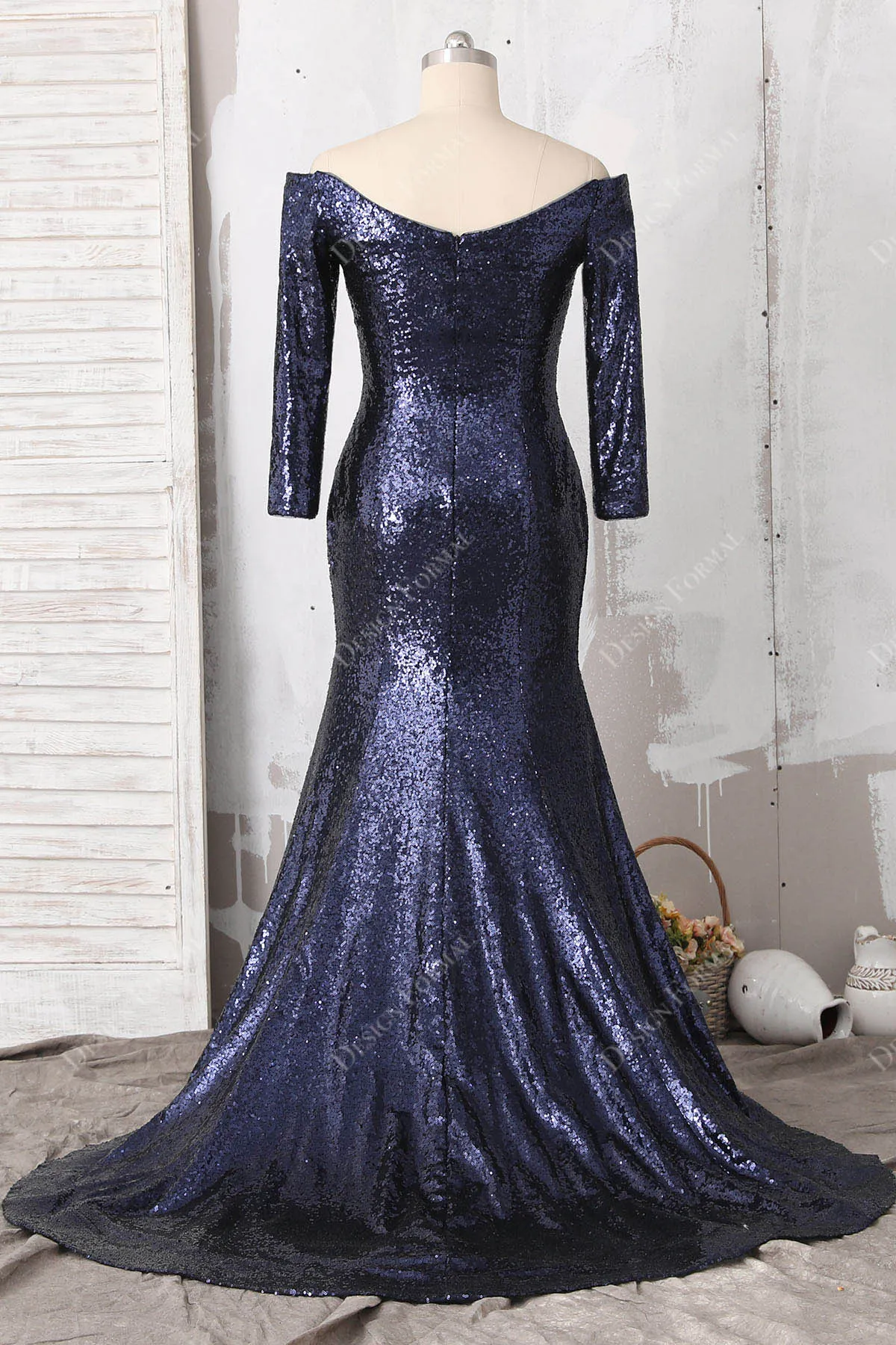 Navy Sequin Off-Shoulder Long Sleeve Plus Size Simple Mermaid Dress