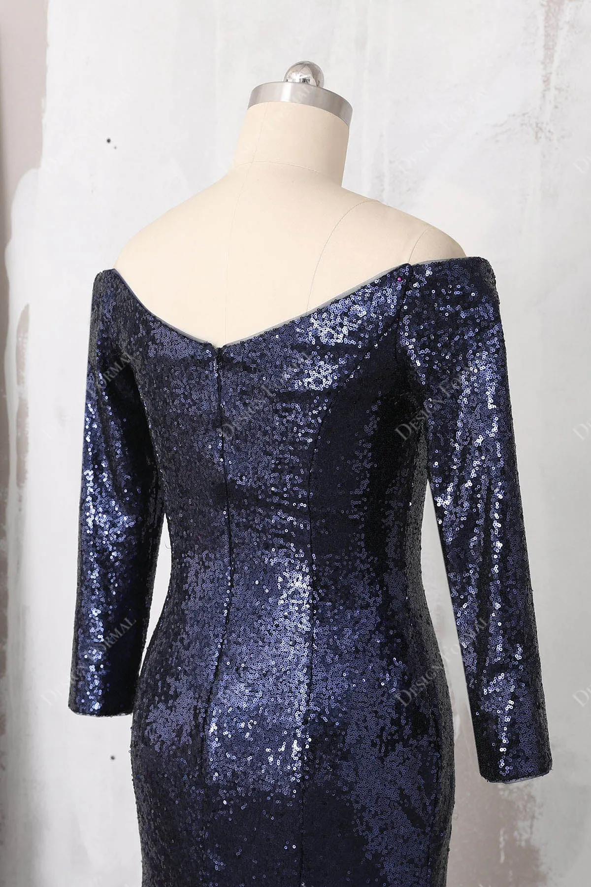 Navy Sequin Off-Shoulder Long Sleeve Plus Size Simple Mermaid Dress