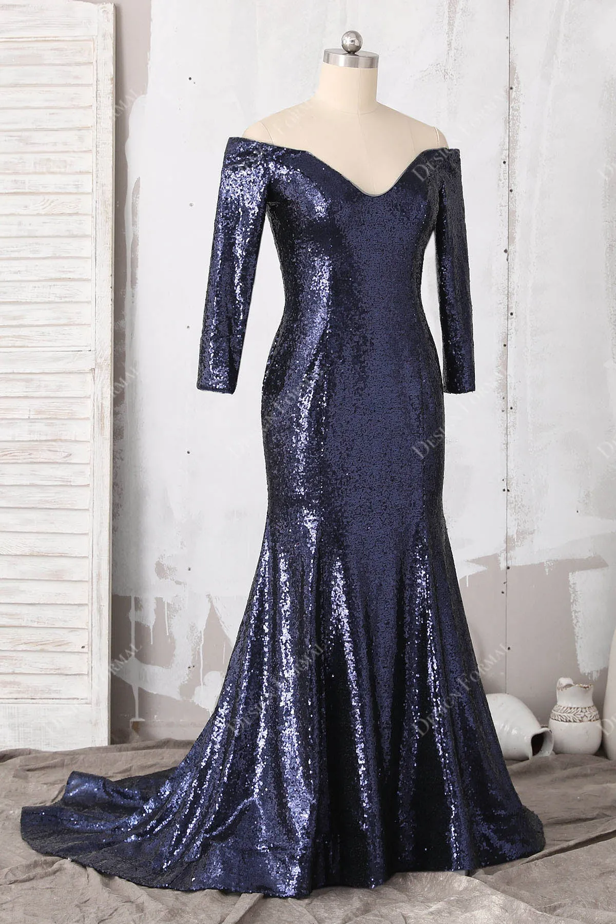 Navy Sequin Off-Shoulder Long Sleeve Plus Size Simple Mermaid Dress