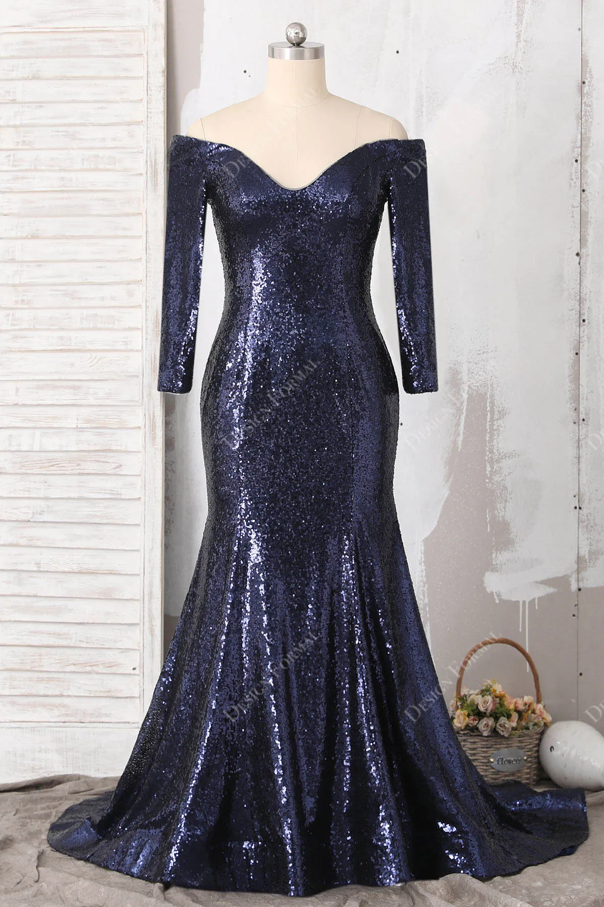 Navy Sequin Off-Shoulder Long Sleeve Plus Size Simple Mermaid Dress