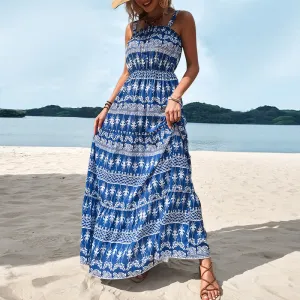 New blue printed round neck suspender strapless irregular long skirt women's dress