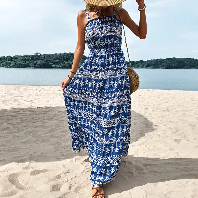 New blue printed round neck suspender strapless irregular long skirt women's dress