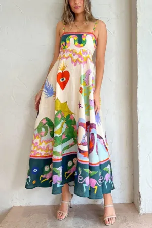 New casual long dress women's suspenders printed sleeveless swing dress