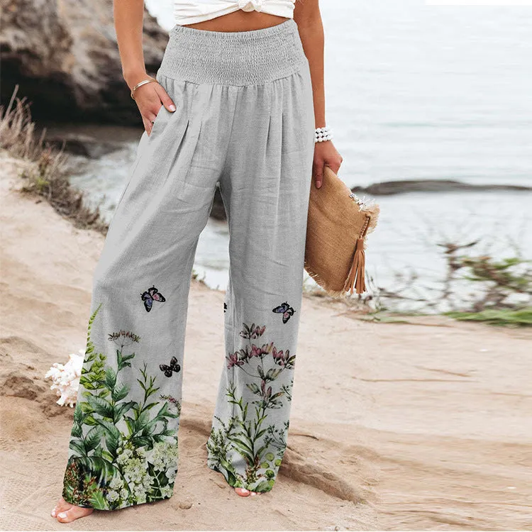 New Women's Elastic Printed High Waist Pocket Casual Wide Leg Pants