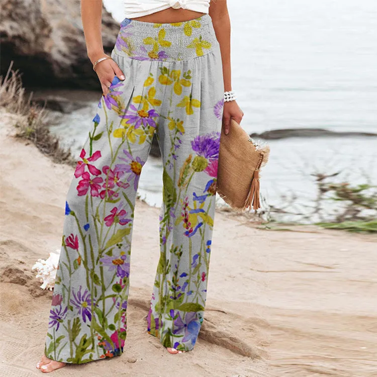 New Women's Elastic Printed High Waist Pocket Casual Wide Leg Pants