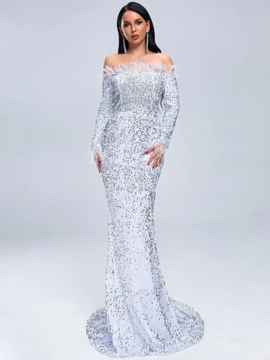 Off The Shoulder Feather Sequin Evening Dress FT19005