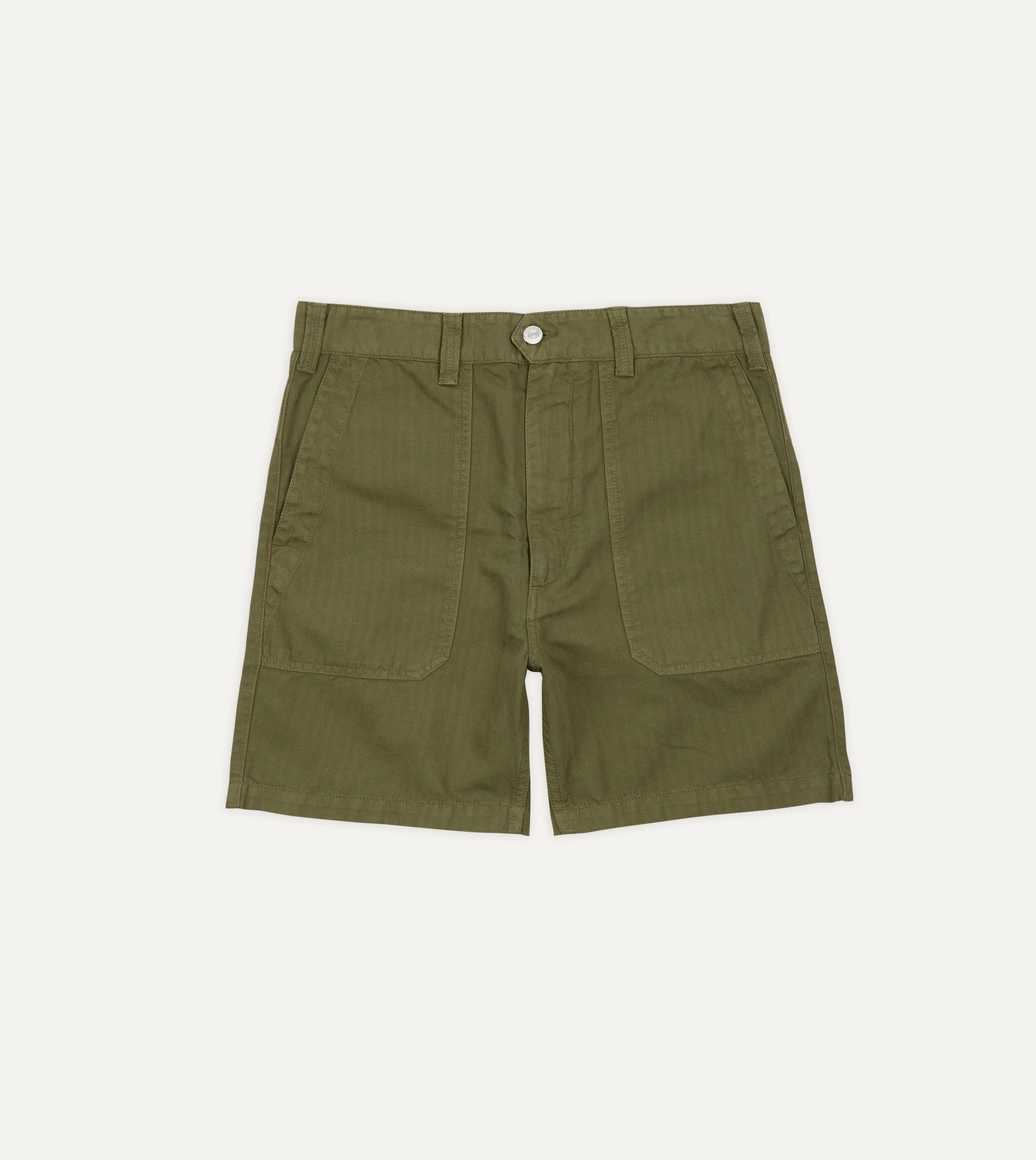 Olive Cotton-Linen Herringbone Fatigue Shorts