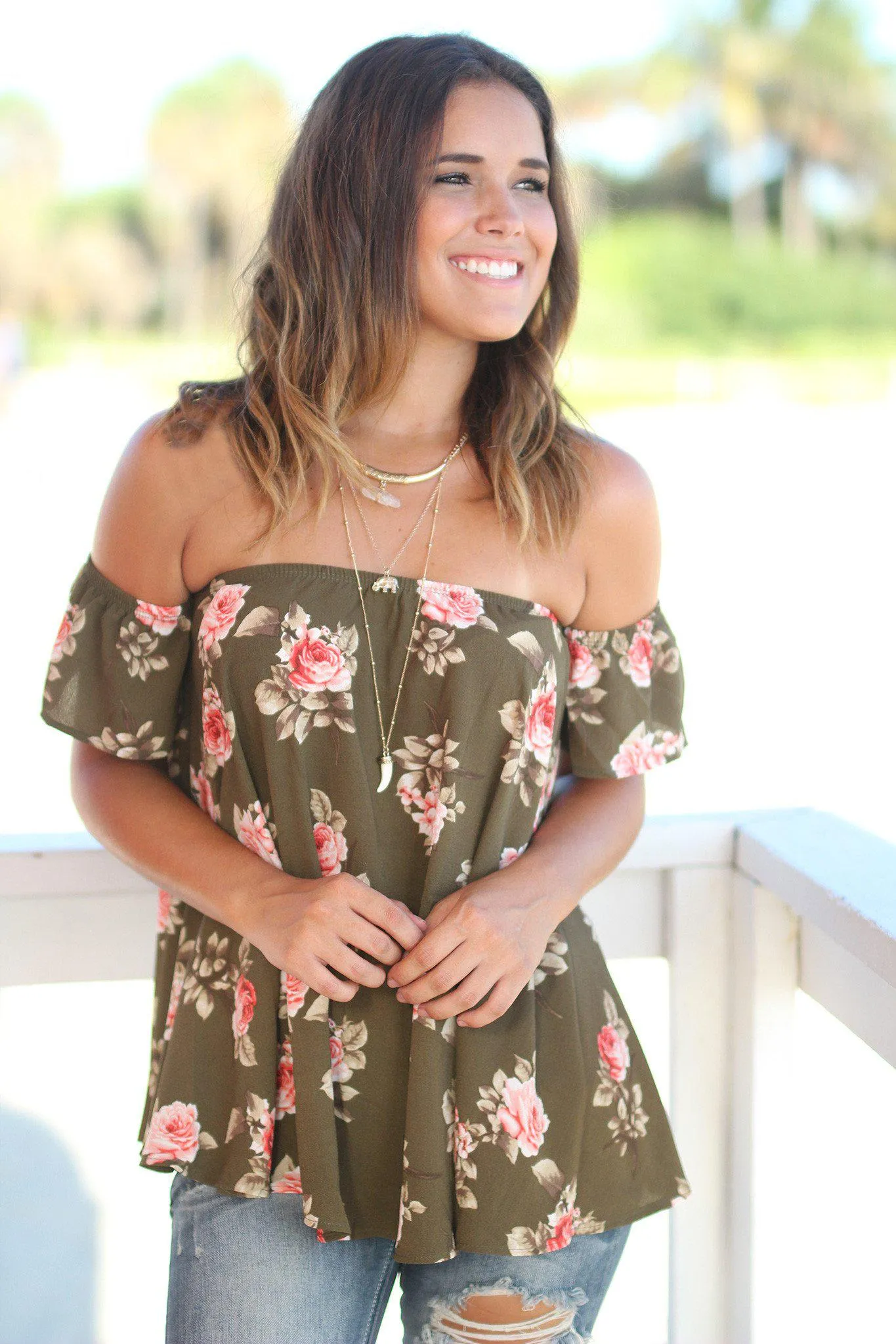 Olive Floral Off Shoulder Top