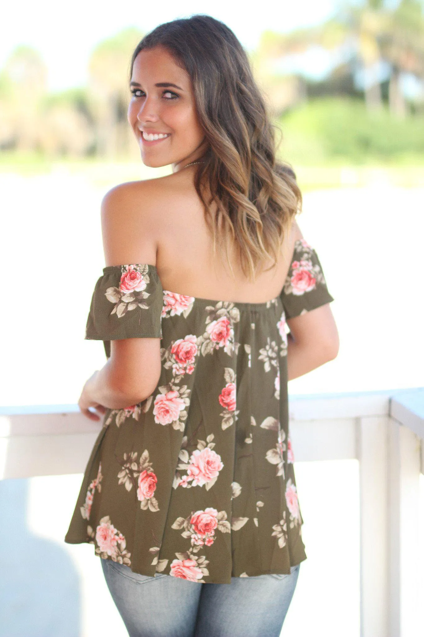 Olive Floral Off Shoulder Top