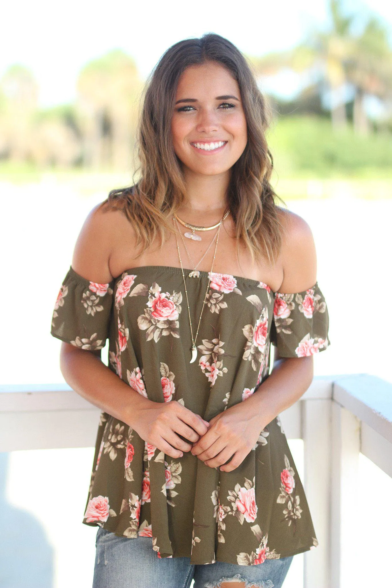 Olive Floral Off Shoulder Top