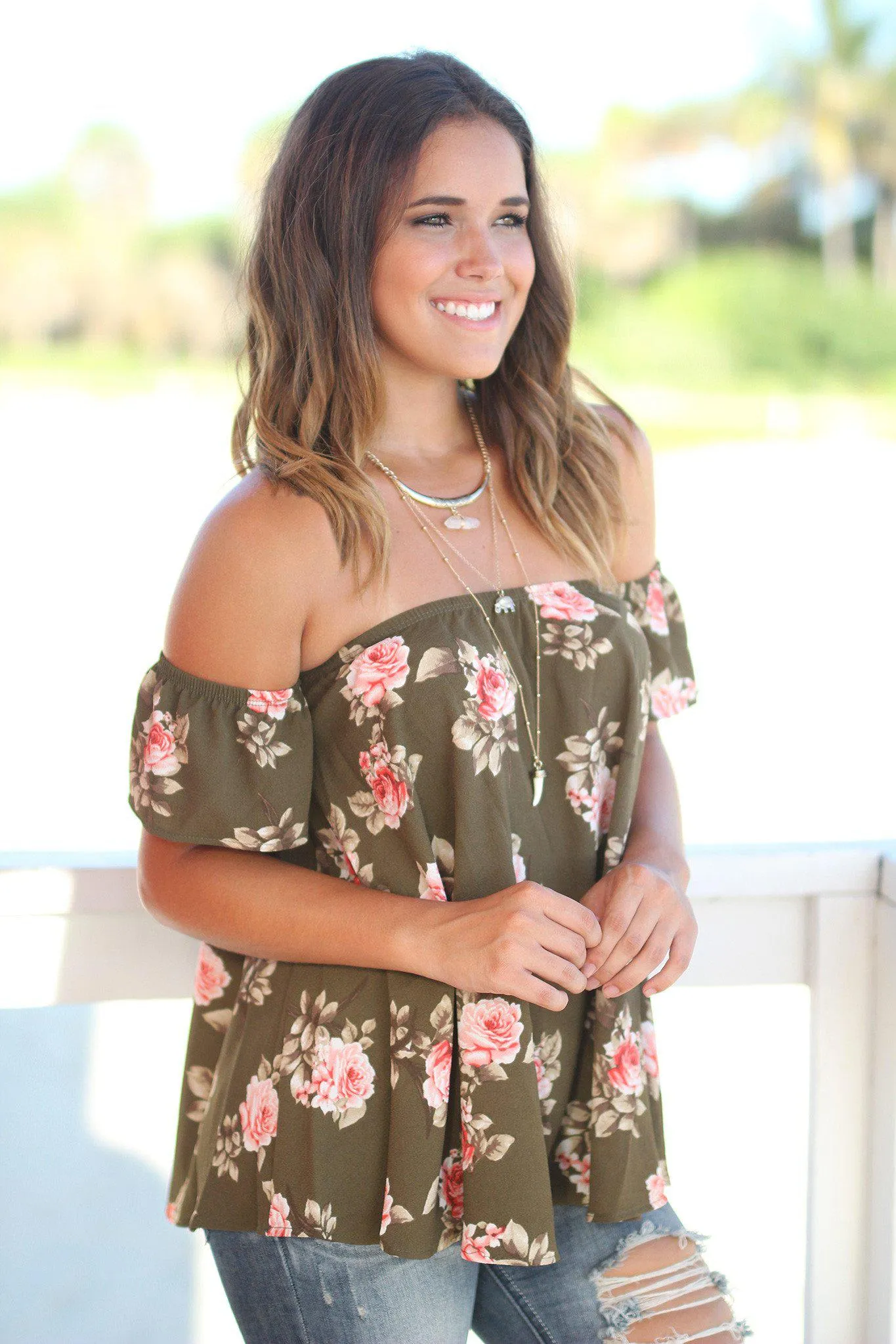 Olive Floral Off Shoulder Top