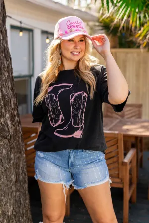 Pink Western Boots on Black Crewneck Tee