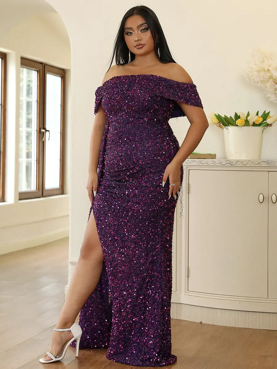 Plus Size Off Shoulder Draped Sequin Maxi Prom Dress PXH2132