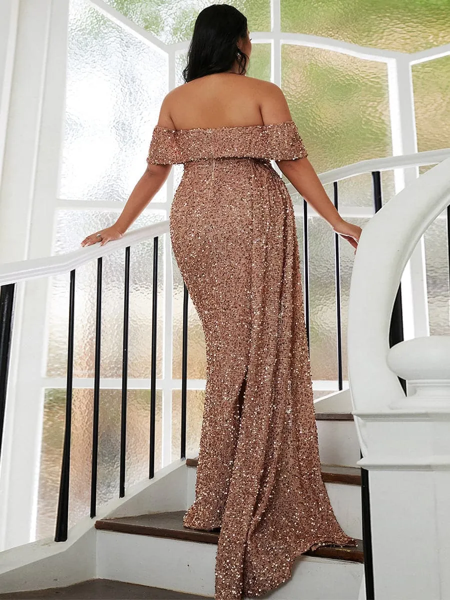 Plus Size Off Shoulder Draped Sequin Maxi Prom Dress PXH2132