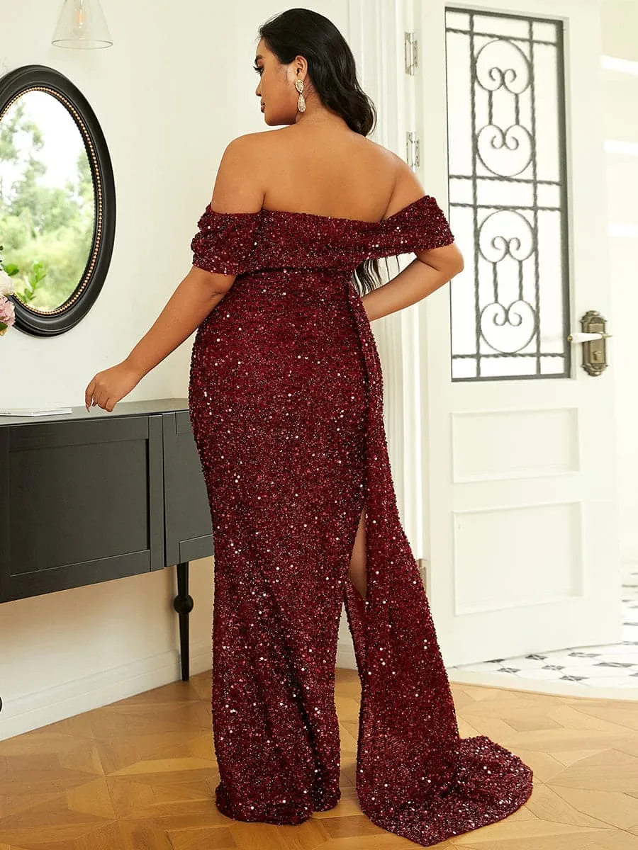 Plus Size Off Shoulder Draped Sequin Maxi Prom Dress PXH2132