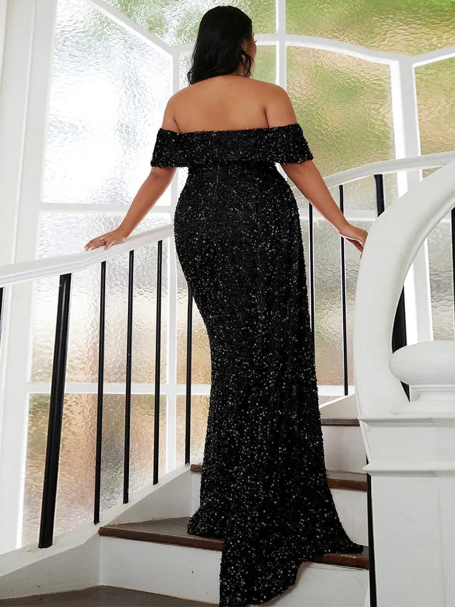 Plus Size Off Shoulder Draped Sequin Maxi Prom Dress PXH2132