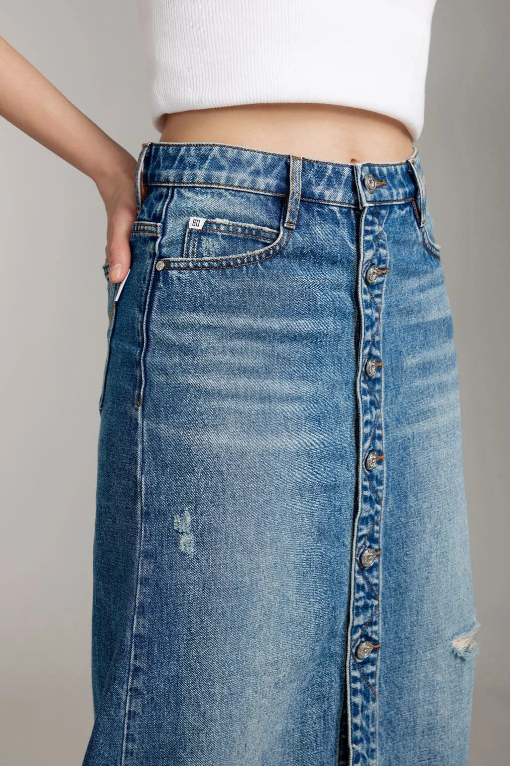 Ripped Denim Maxi Skirt