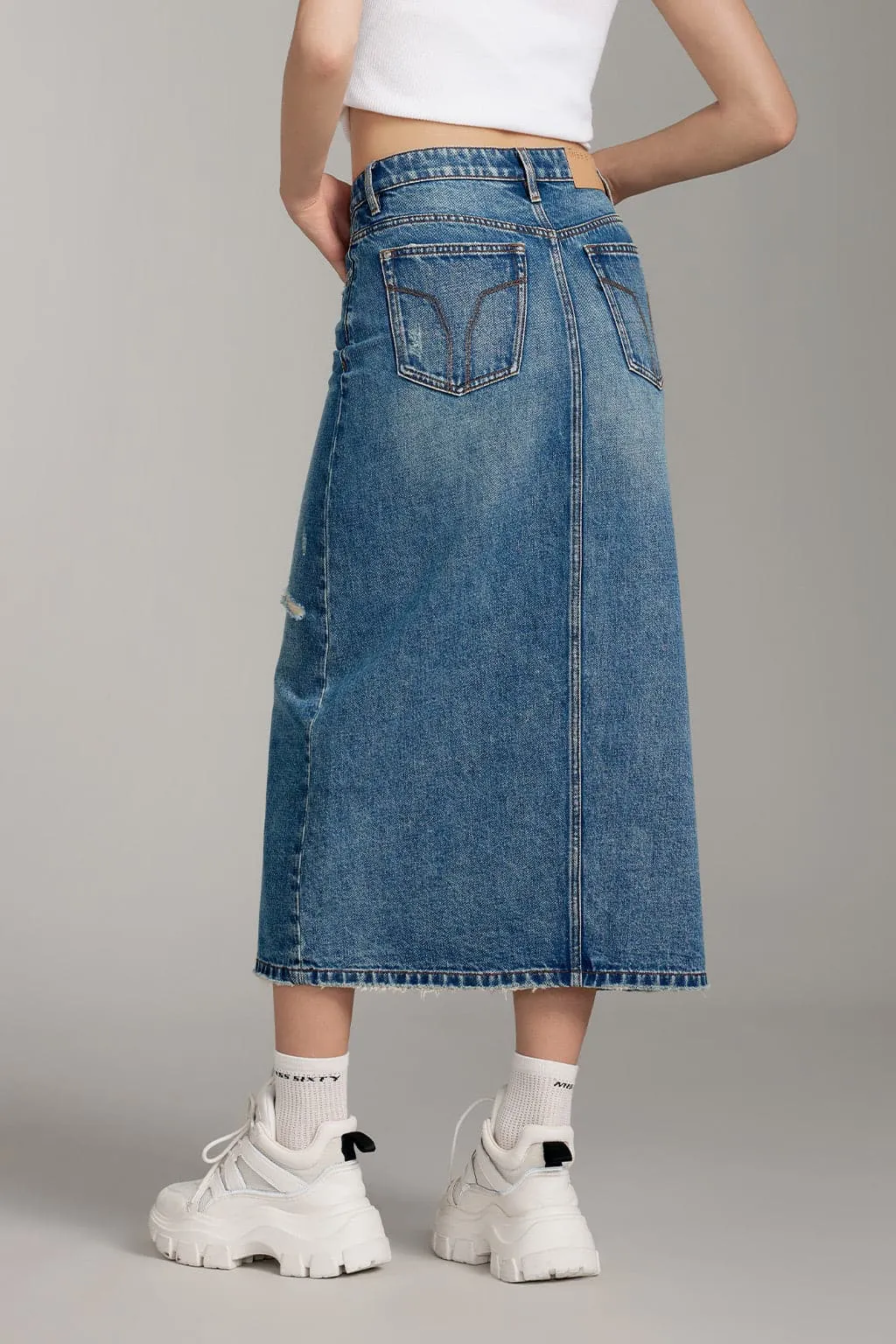 Ripped Denim Maxi Skirt