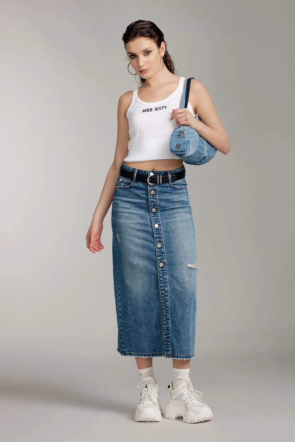 Ripped Denim Maxi Skirt